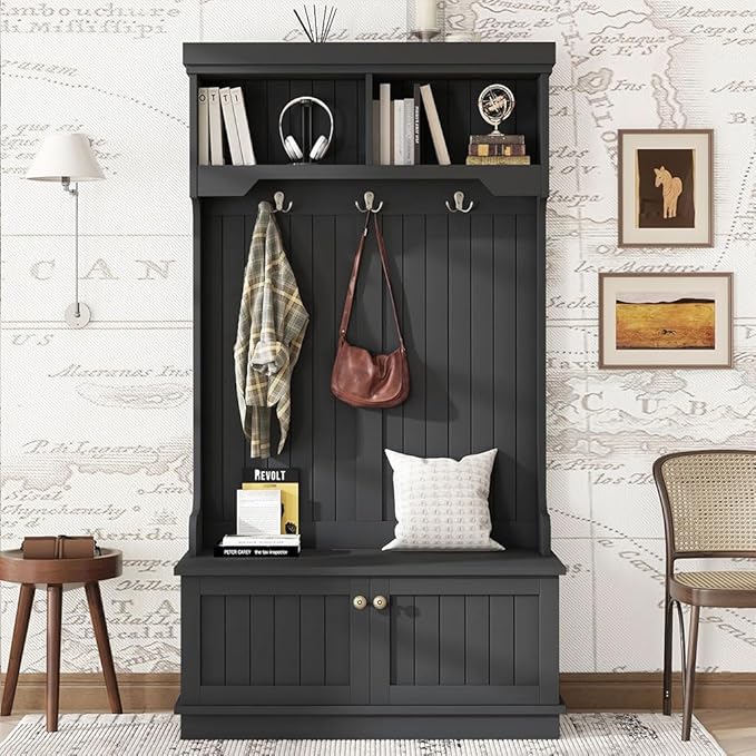 Hall Tree, Modern 4-in-1 Storage Hall Tree with Bench, Multi-Purpose Home Organizer with Coat Rack and Hooks, Entryway Coat Rack for Living Room, Hallway,Black