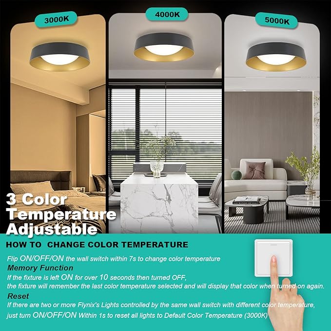 15.5 Inch LED Flush Mount Ceiling Light Fixture, 26W, Super Bright 1800 Lumen, 3 Color 3000K/4000K/5000K, Matt Black with Gold Inside, Dimmable Ceiling Lamp for Bedroom Hallway Bathroom Outdoor