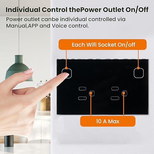 WiFi Smart Wall Outlet, Outlet Compatible with Alexa and Google Home, Smart Tuya Socket with Energy Monitoring and Timer, Dual Sockets2.4GHz WiFi Only, Black 1 Pack