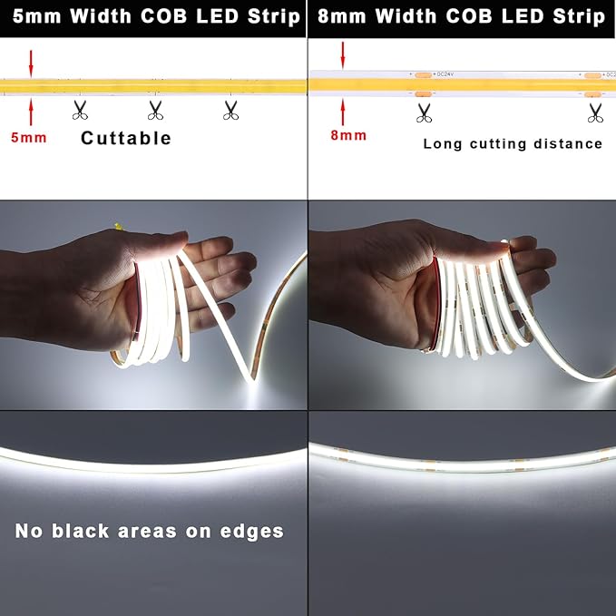 TOPAI 24V Thin 5mm COB LED Strip Light 6000K Bright White 16.4ft 4000Lm CRI>90 Uniform Dotless 400LEDs/M Adhesive Flexible Cuttable LED Tape for DIY, Bedroom, Under Cabinet Lighting