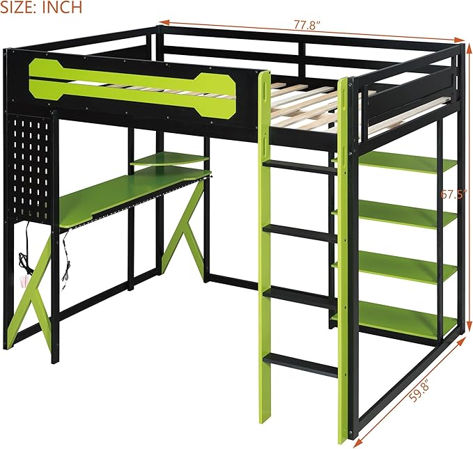 MERITLINE Ultimate Gaming & Study Loft Bed: Full Size Wood Frame with Integrated Desk, RGB Lights, Charging Station, Bookshelf & Pegboard (Black+Green)