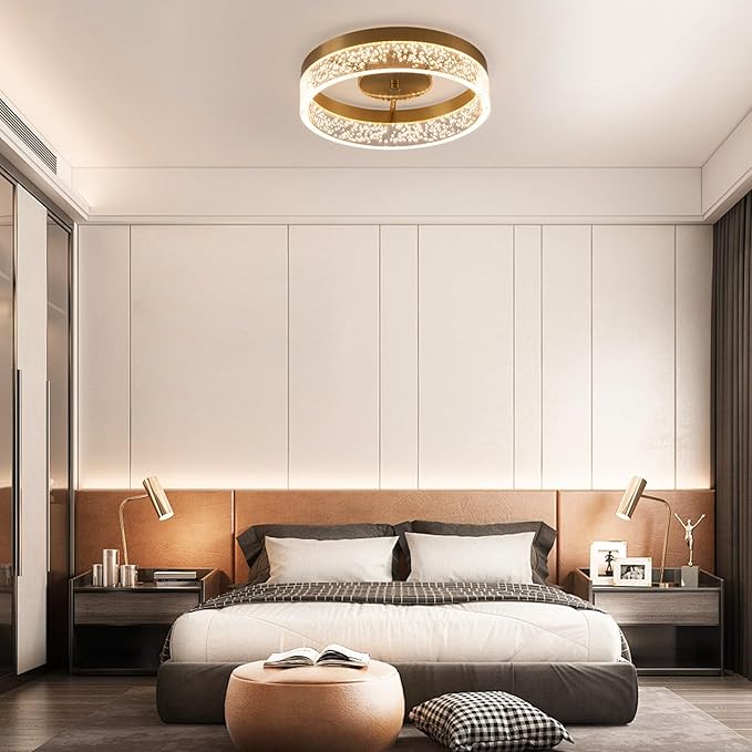 Jaycomey Modern LED Ceiling Light Fixture, 11.65" Flush Mount Kitchen Lighting Gold with Clear Seeded Acrylic Lampshade,Dimmable Round Ceiling Lamp Lights for Bedroom Dining Room