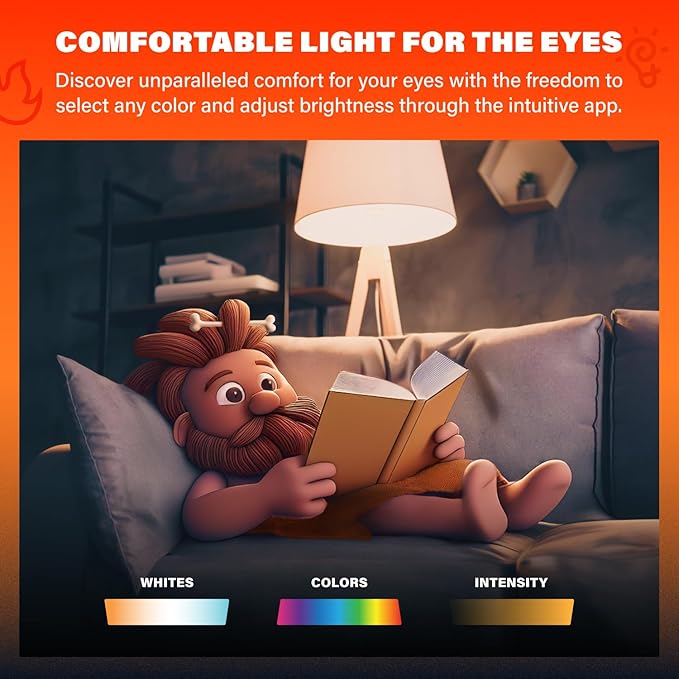 Caveman Matter & WiFi A19 Smart LED Light Bulb, RGBW Color Changing, Tunable Warm & Cool White 800LM (60W Equivalent) – Alexa, Google Home, Apple Home Bulb (4pk)