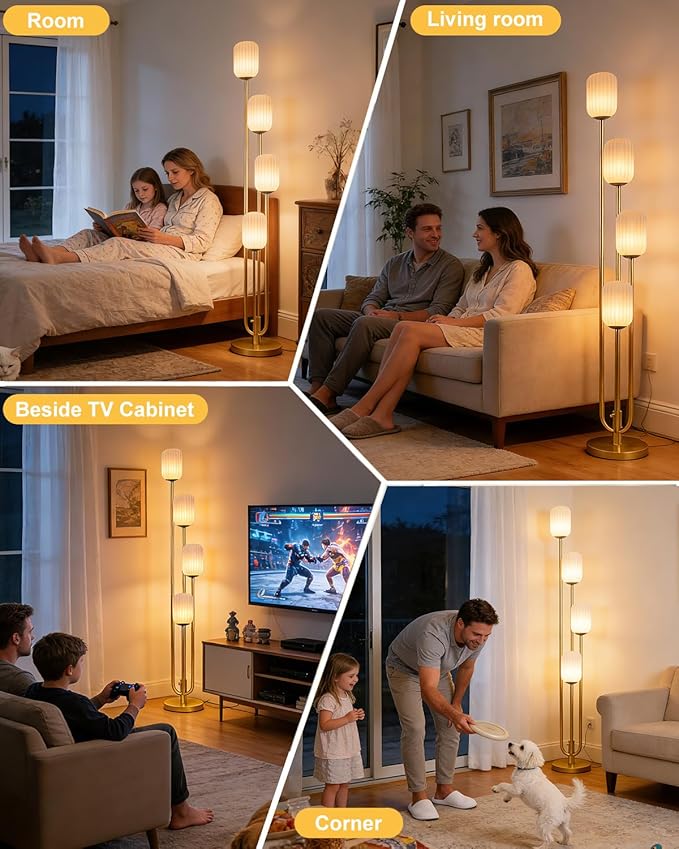 Lightdot Gold Floor Lamp 4-Lights Dimmable Floor Lamps with Cylinder-Shaped Lampshade 3000K Bulbs Included Unique Modern Standing Tall Lamp for Living Room/Bedroom/Sofa Beside/Corner Decor