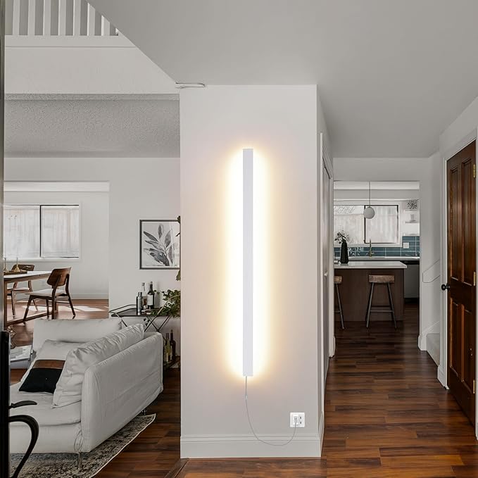 Modern Plug in Long Wall Sconce, 39.3" White Matte LED Wall Lights, 20W Warm White 3000K Acrylic Indoor Wall lamp, with 59" Plug Cable for Bedroom, Living Room, Hallway