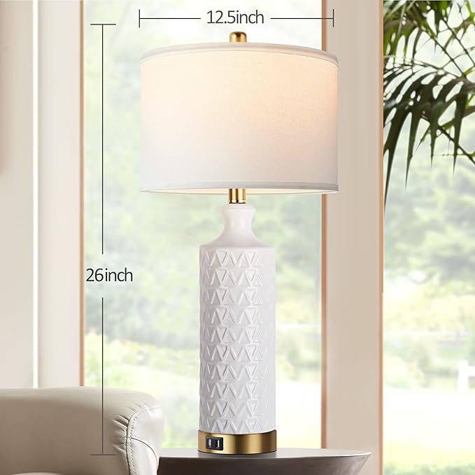 Touch Control Table Lamp Set of 2, Modern Contemporary Ceramic Bedside Lamps with 2 USB Ports, 3-Way Dimmable Nightstand Lamp with White Fabric Shade for Living Room, Bedroom (LED Bulbs Included)