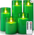 Homemory Green Flickering Flameless Candles, Battery Operated Acrylic LED Pillar Candles with Remote Control and Timer, Set of 5, St. Patrick's Day