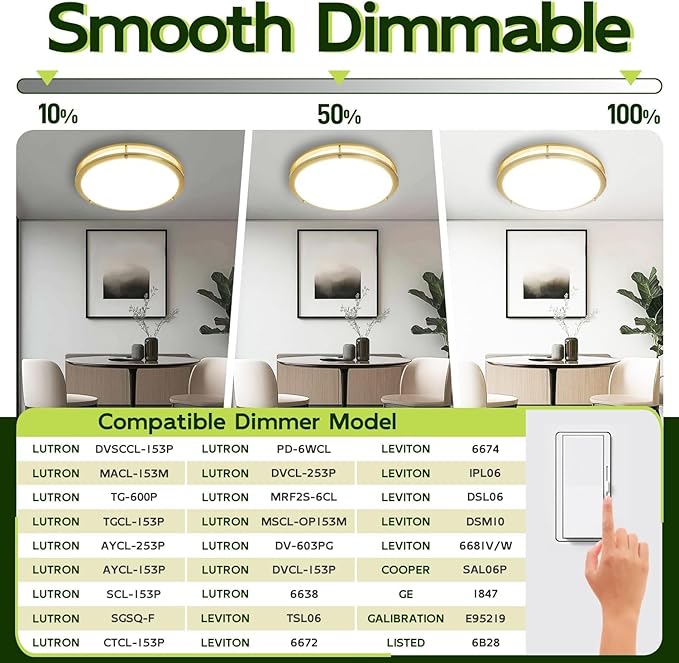 hykolity 16 inch Dimmable LED Flush Mount Ceiling Light Fixture, Gold, 36W, 2200LM, 2.7/3/3.5/4K/5K Adjustbale, 120°Light Angle, CRI90, Ceiling Lamp for Bedroom, Kitchen, Office, ETL Listed 2Pack