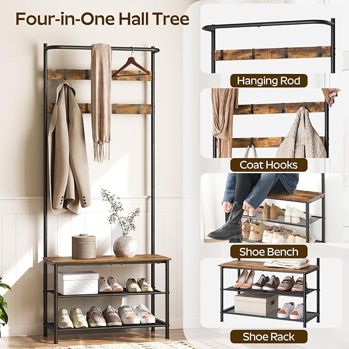 Hall Tree, Coat Rack with Shoe Bench, 4-in-1 Entryway Bench with Storage Shelves, Hanging Rod and 8 Movable Hooks, Hall Tree with Storage Bench for Hallway, Rustic Brown and Black MT02BR