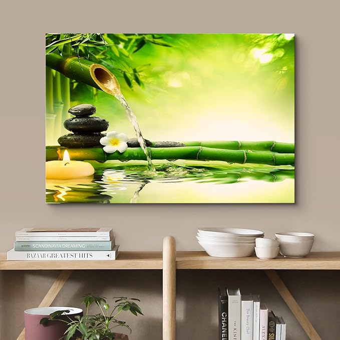 wall26 Canvas Print Wall Art Zen Green Bamboo Daisy Flower Massage Stone Spa Jungle Nature Wilderness Photography Realism Landscape Colorful Multicolor for Living Room, Bedroom, Bathroom - 24"x36"