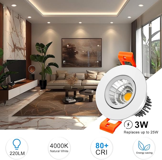 inShareplus 2 Inch LED Downlight, 3W Recessed Lighting COB Dimmable, 4000K Natural White, CRI80, Ceiling Lights with LED Driver, 6 Pack