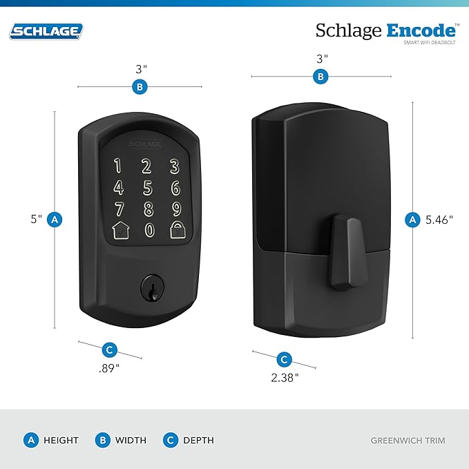 Schlage Encode Smart Wi-Fi Deadbolt Lock with Touchscreen Keypad, Keyless Front Door Entry, App Control, Alexa, Google Home and Airbnb Compatible, Matte Black, BE489WB GRW 622