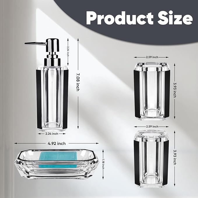 4-Piece Black Bathroom Accessories Set — Soap Dispenser, Soap Dish, Mouthwash Cup & Toothbrush Holder, Glossy Acrylic with Brushed Black Accent, Gift-Ready Home Decor