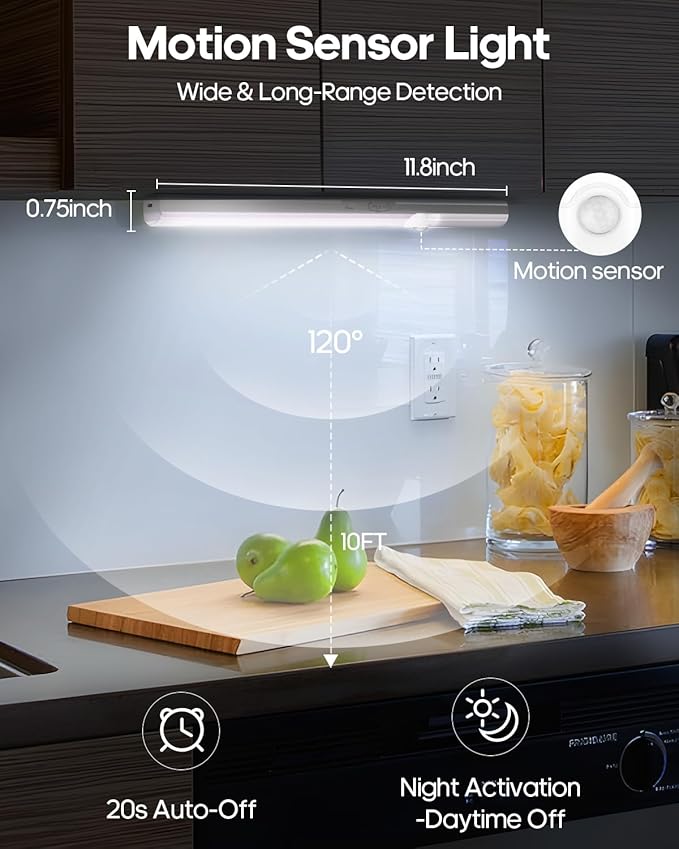 Under Cabinet Lights, 11.8 Inch Rechargeable Battery Operated Motion Sensor Lighting Indoor, 1800mAh Wireless Closet Lights, Magnetic Dimmble Under Counter Lights for Kitchen (5 Pack)