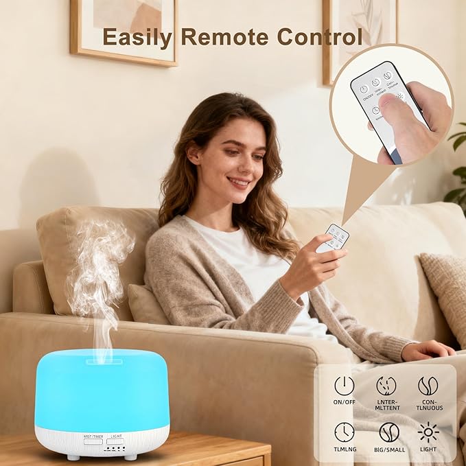 Aromatherapy Diffuser, 300ML Remote Control Essential Oil Diffusers, White Wood Grain Humidifier with 8 Colors Light 4 Timer Mode, Ultrasonic Scent Diffuser for Home, Office