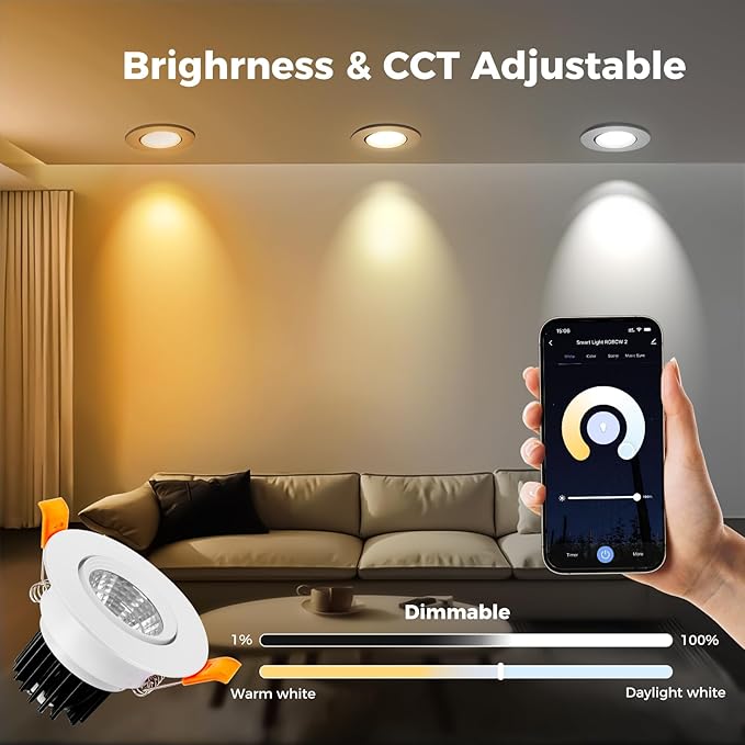 2 inch Smart LED Recessed Lighting, 5W WIFI Recessed LED Lights, Dimmable RGB & CCT 2700-6500K Color Changing, 110V Recessed Light Compatible with Alexa and Google Home, with LED Driver,1 Pack