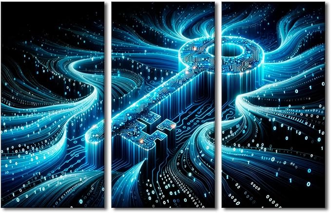 TUMOVO 3 Panel Wall Art Abstract Cyber Security Concept with Key and Binary Code Pictures Print on Canvas for Home Office Hotel Wall Decoration, Wooden Framed Ready to Hang, 42" Wx28 H