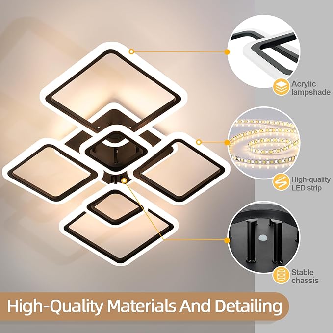 Smart LED Ceiling Light, 40.2″ Square Flush Mount Fixture, 6+1 Ring Modern Design, 130W Dimmable Acrylic Light with Remote, WiFi Alexa & App Control for Bedroom Living Room Dining Room (Black)