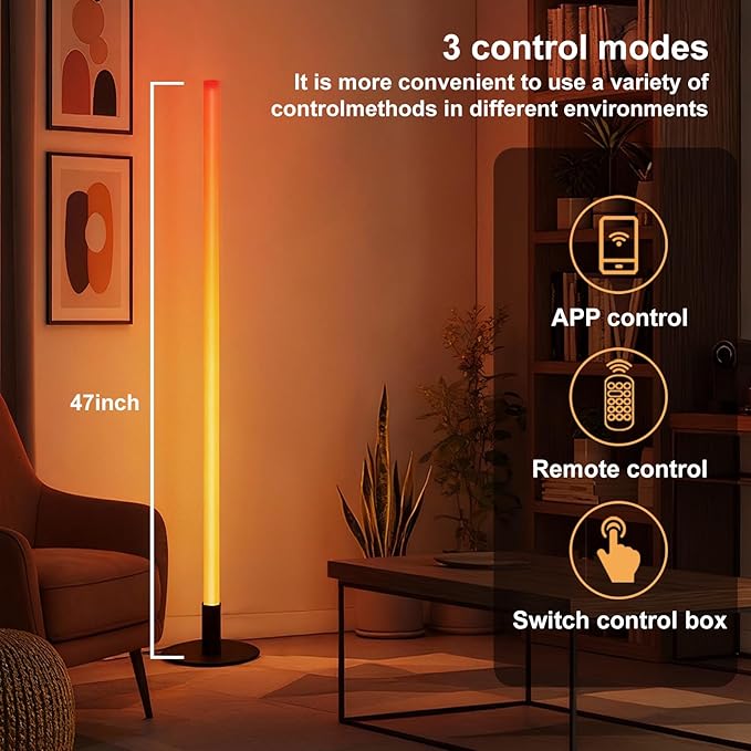 Corner Floor Lamp with Transformable Design - LED Corner Lamp with App and Remote Control, 16 Million Colors, Music Sync and Timer, Perfect for Game Room, Living Room