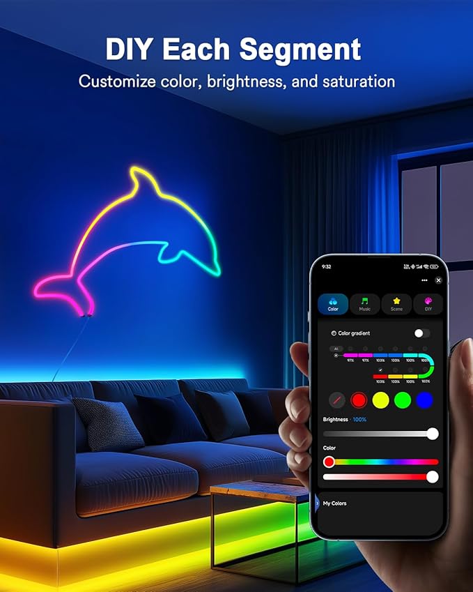 Lumary Smart RGBAICW Neon Rope Light Indoor, 9.8ft LED Lights for Bedroom Works with Alexa/Google Assistant, 180LEDs/m RGB & Warm White & Cool White Strip, Wall Decor for Halloween, Softer Material