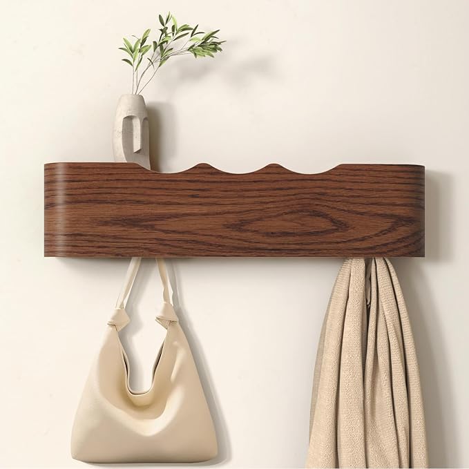 Coat Rack Wall Mount Entryway Organizer Modern Key Holder Wall Mount with Wooden Shelf Entryway Hooks for Bedroom Kitchen Hallway Bathroom for Hanging Coats Hats Dog Leashes Bags Towels
