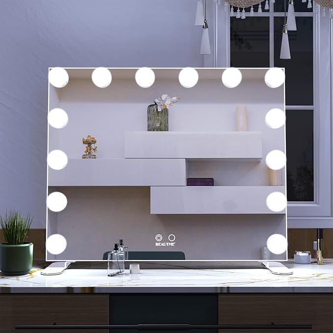 BEAUTME Vanity Mirror with Lights, Hollywood Makeup Mirror with 14pcs Dimmer Bulbs, Smart Touch Control,Tabletop/Wall Mounted for Bedroom, Bathroom, Dressing romm, White 20 x 23.6 Inch