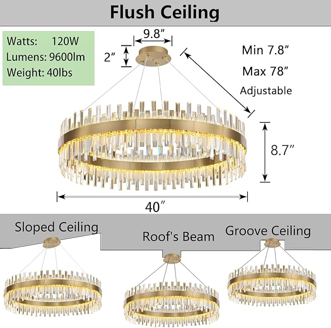 Glam Crystal Chandelier Large Ring Chandeliers with Remote Dimmable LED Light Adjustable Hanging Lights Luxury Ceiling Pendant Lighting Fixtures for Living Dining Bedroom Foyer Gold Light