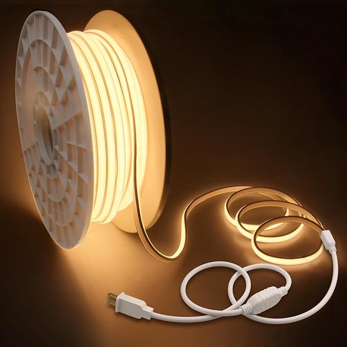 Waterproof COB Led Rope Lights Outdoor 200FT IP67 Warm White 3000K AC 110~120V Flexible Led Light Strip for Outside 288Leds/M High Density Uniform COB Light LED Strip Plug in 60M