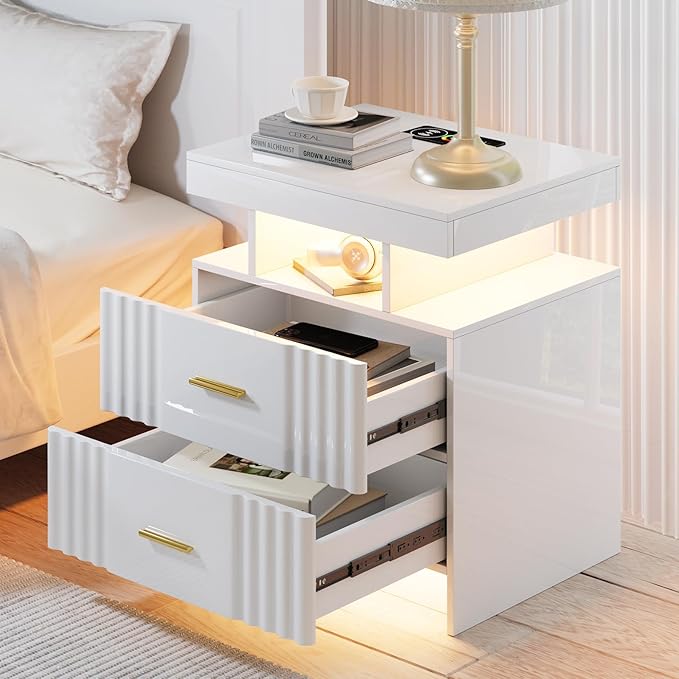 Nightstand with Wireless Charging Station,Set of 2 Bedroom Bedside Table with RGB Lights, Smart Night Stand with 2 Drawers, Bedside Tables Modern Bedside Table for Bedroom, Living Room(White)