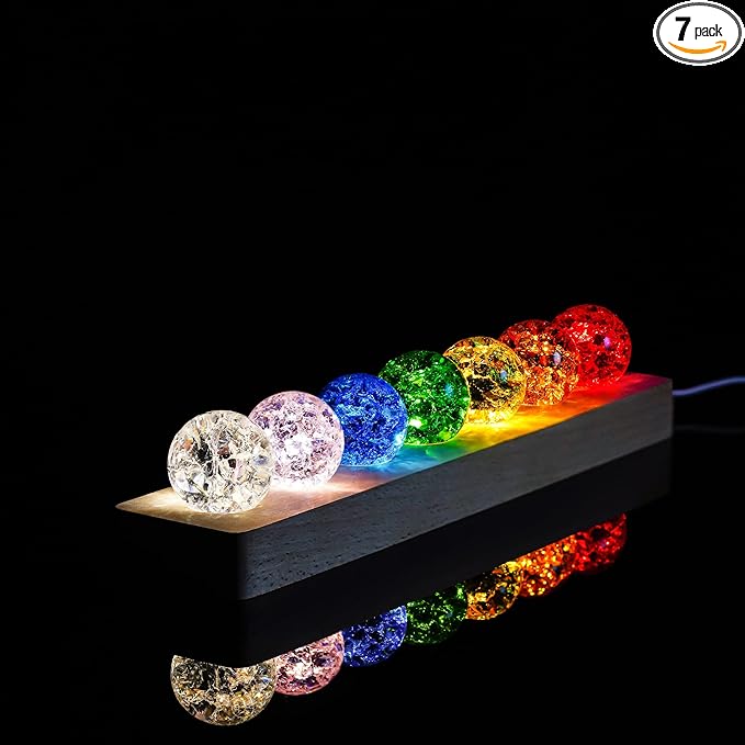 7 Colors Ice Cracked Balls with LED Wooden Base 40mm Healing Sphere Balls Set Crystal Chakra Night Light Decor for Home Valentines Day Gifts for Her
