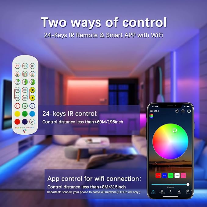 Smart WiFi & IR Dual-Control RGB LED Controller - 2.4GHz/Infrared Wireless, 2-Channel 4-PIN Output with Music Sync, Compatible with 5050/3528 LED Strips