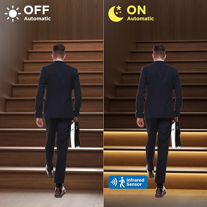 KMG-3233 Motion-Activated LED Stair Lighting Kit, 48" Long Cuttable Strip Light for Indoor LED Stair Lights (Warm White 3000K, 22 Steps)