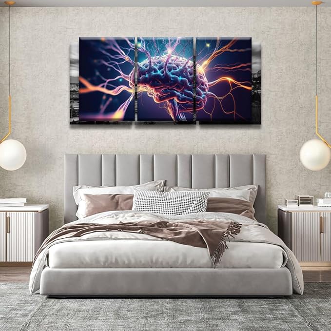 LSIUHWUWI Wall Art Painting Artificial Intelligence, Human Brain Neurons Firing and Neural Extensions Pictures Print on Canvas 3 Panel Canvas Wall Art Artwork Ready to Hang 16x24inchx3