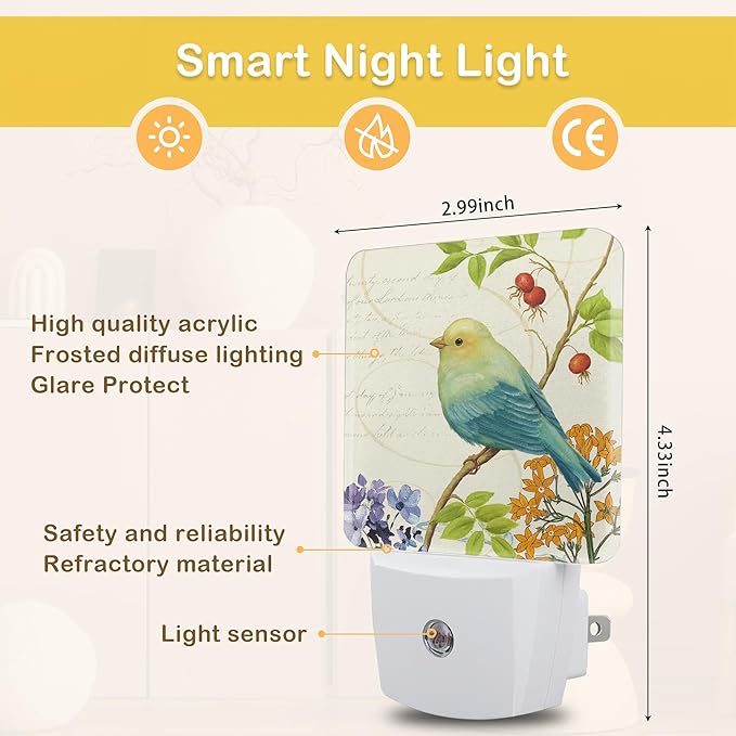 Bird Flower Night Light, Vintage Watercolor Bird Flower Night Lights Plug Into Wall with Dusk To Dawn Sensor Wall Lamp, Nightlights For Bedroom, Bathroom, Hallway, Kitchen, Gifts Ideal For Girls Women