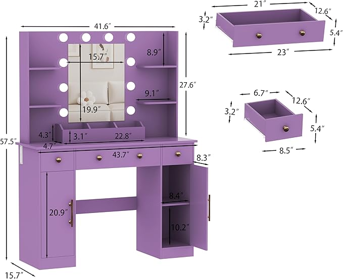 Vanity Desk with Mirror and Lights, Makeup Vanity with Mirror and LED Lights & Power Outlet, 3 Drawers and Cabinets, 3 Lighting Modes Dressing Table Set for Girls Women Bedroom,Purple