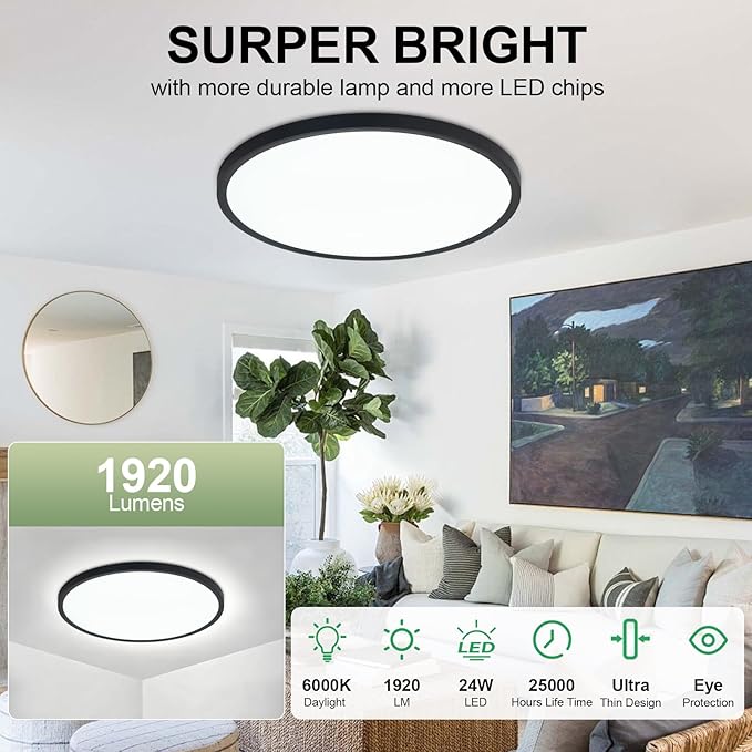 LED Flush Mount Ceiling Light: 12 inch 2Pack Super Slim Dimmable & 5CCT (2700-6500K) Kitchen Lighting Fixtures Ceiling - 24W Black Low Profile Ceiling Lamp for Bedroom Garage Hallway
