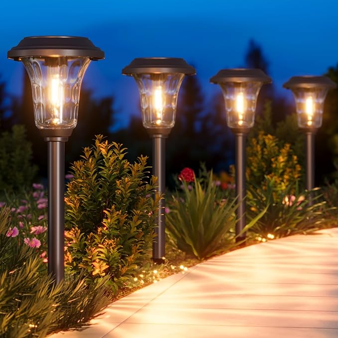 XMCOSY+ Solar Pathway Lights, 4 Pack Metal Solar Lights Outdoor Waterproof, 20/40LM Bright Solar Powered Garden Light for Yard Backyard Landscape Path Driveway Walkway Outside (Warm/Cool White)
