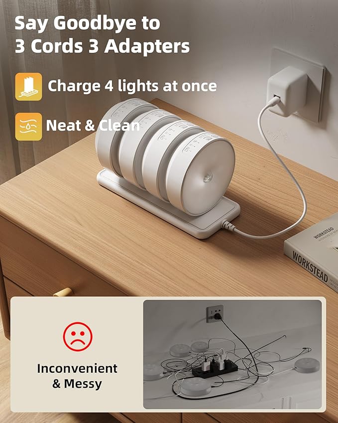 EZVALO 4 Pack Motion Sensor Closet Lights with Charging Station, 1200mAh Rechargeable LED Under Cabinet Lighting, Puck Light, Dimmable, 3 Color Temps, Magnetic, Stick on for Kitchen, Closet, Stairs
