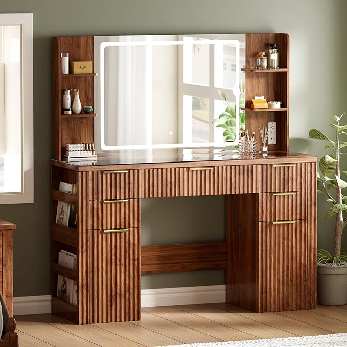 47.2" Fluted Makeup Vanity Desk with Large 28.7" Mirror and Lights, 5 Drawer Vanity with Power Strip, 6 Open Shelves, 2 Cabinet, Modern Bedroom Vanity Featuring Visual Transparent Glass. Walnut