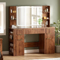 47.2" Fluted Makeup Vanity Desk with Large 28.7" Mirror and Lights, 5 Drawer Vanity with Power Strip, 6 Open Shelves, 2 Cabinet, Modern Bedroom Vanity Featuring Visual Transparent Glass. Walnut