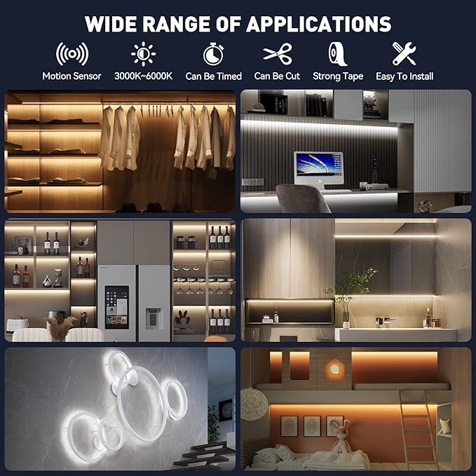 Motion Activated LED Strip Lights,16.4Ft Ultra Brighter 150LED Motion Sensor Light Strip with Timer and Remote,Cuttable Dimmable 3000-6000K 12V LED Tape Light,Indoor Night Light for Bed Wardrobe Stair