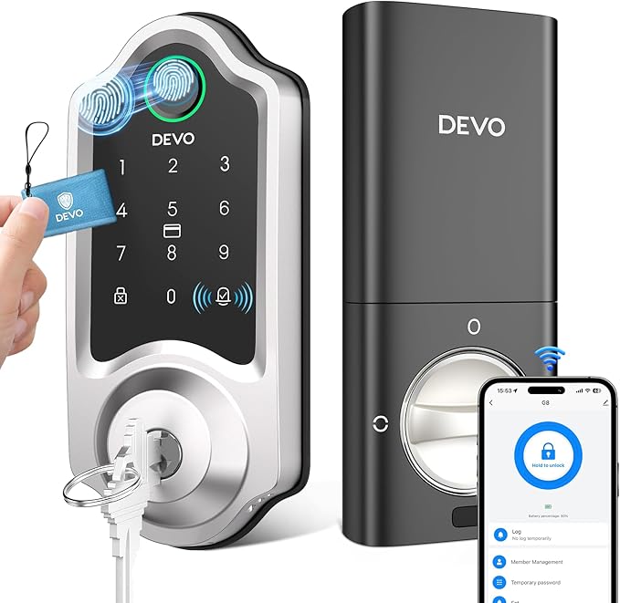 DEVO G8 Smart Lock with Doorbell - 6-in-1 Fingerprint Keyless Entry Deadbolt, Built-in Wi-Fi & APP Control, IP54 Waterproof Auto-Lock for Front Door Security, Easy Install (BHMA Certified)
