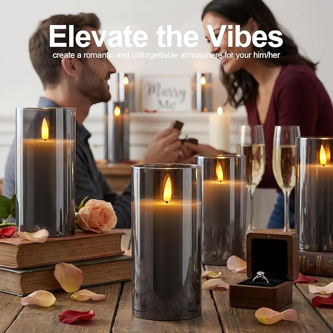 5plots Flameless Battery Operated Candles Set of 2, Gray LED Candles with Remote Timer, Real Wax Glass Pillar Candles Warm Flickering Light for Indoor Home, Halloween, Christmas Decor D3 x H6 6"