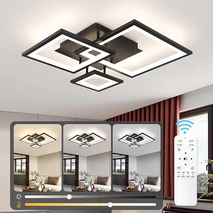 Modern Black Led Ceiling Light 3-Square Design 3000K-6500K Dimmable LED Ceiling Light with Remote 33W Acrylic Ceiling Lighting Fixture for Bedroom Kitchen Dining Room Office Lamps