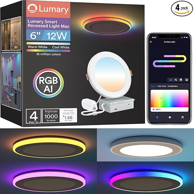 Lumary RGBAI Smart Recessed Lighting 6 Inch with Gradient Accent and Night Ring, 12W 1000LM Wi-Fi LED Recessed Lights, LED Downlight Compatible with Alexa/Google Assistant/Siri, 4PCS