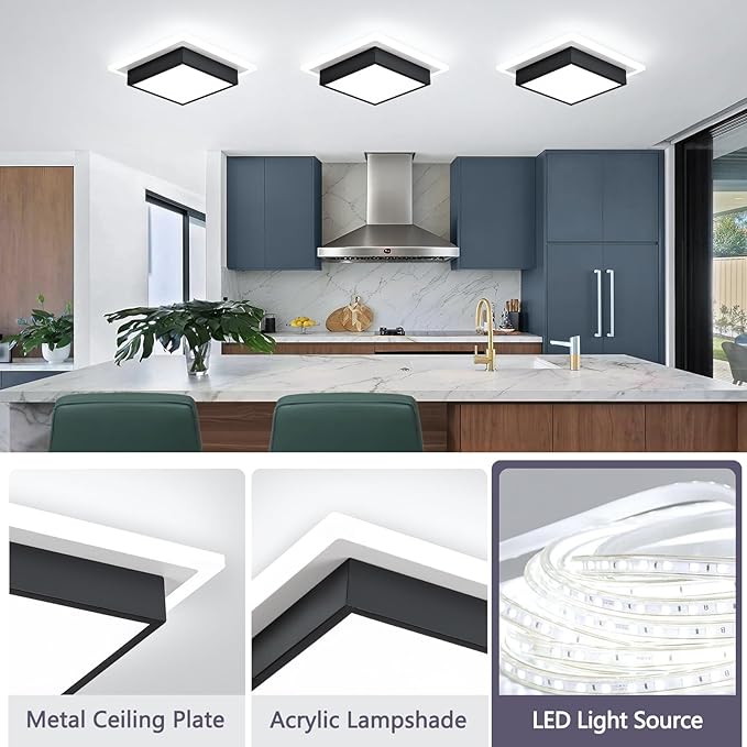 Modern LED Ceiling Light, Kitchen Ceiling Light, 6000K Cold White Flush Mount Ceiling Lamp, Square Hallway Lighting Fixtures for Living Room Bedroom Bathroom Kitchen