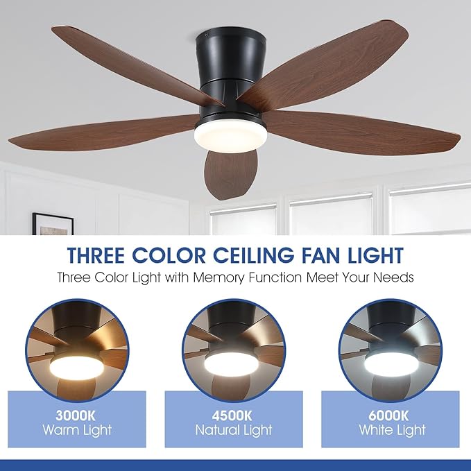 48" Ceiling Fans with Lights-Low Profile Ceiling Fan with Light and Remote/APP Control,Flush Mount,LED Dimmable Modern Ceiling Fans for Bedroom,Indoor/Outdoor Patio Use(Brown)