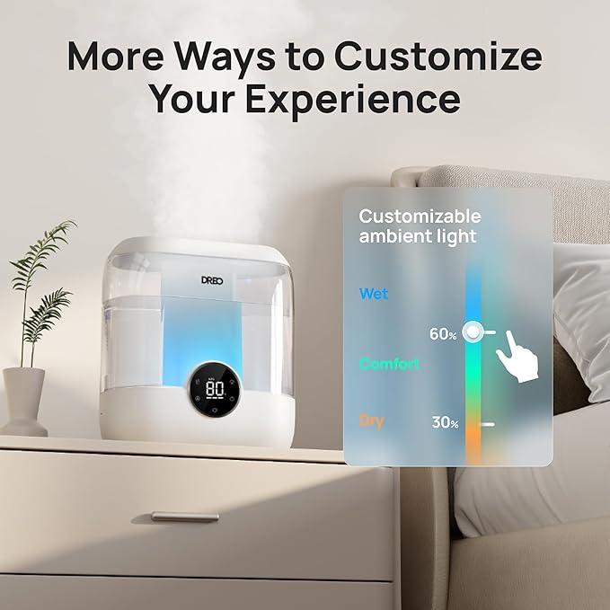 DREO Smart Humidifiers for Bedroom, 6L Top Fill Supersized Cool Mist Humidifier for Large Room, 60 Hour Runtime, Quiet Ultrasonic Humidifiers for Plants, Indoor, Home, Night Light, White