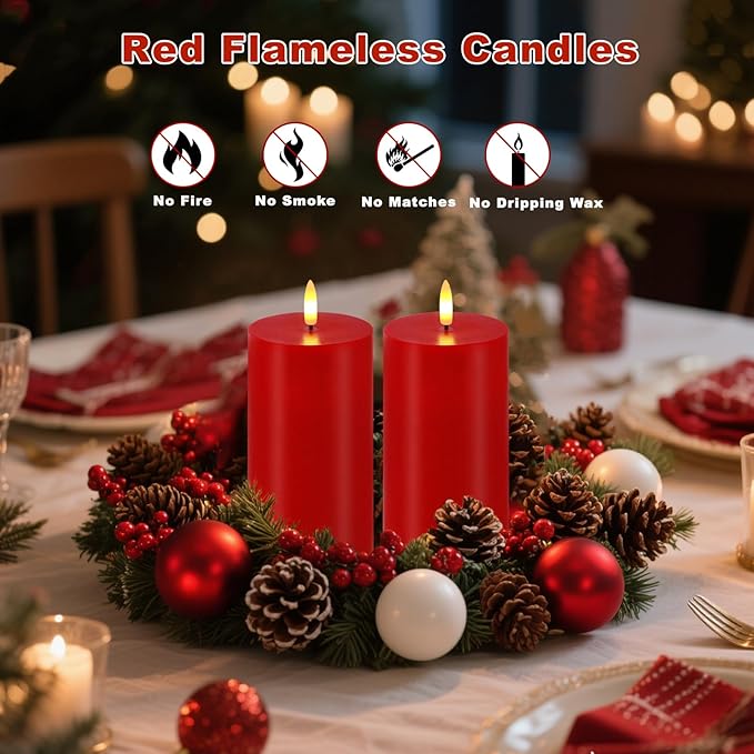 VEEKI Red Flameless Candles, Set of 2 7"x3" Flickering LED Candles with Remote & Timer, Dimmable Real Wax Electric Pillar Candles Battery Operated, Candles Light for Home Christmas Decor (Red)