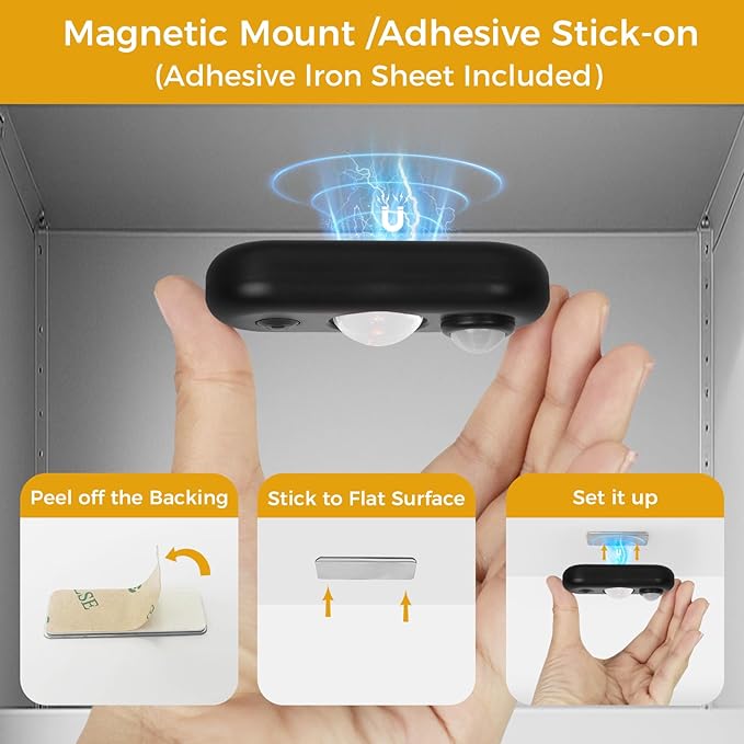 LED Motion Sensor Puck Lights, Small Rechargeable Under Cabinet Light, Dimmable Daylight White Closet Lights, Wireless Under Cabinet Lighting for Drawer, Kitchen (8 Pack, Black)